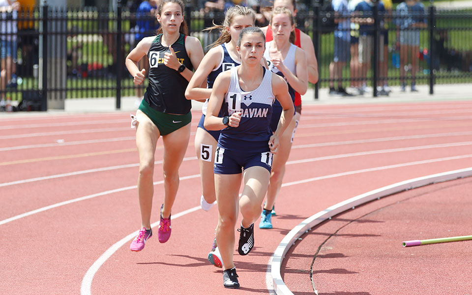 Natalie Stabilito '22 on her way to winning the 1,500-meter run at the 2021 All-Atlantic Region Outdoor Championships hosted by St. John Fisher (N.Y.) College. Photo courtesy of Wyatt Eaton, Elizabethtown College Athletic Communications.