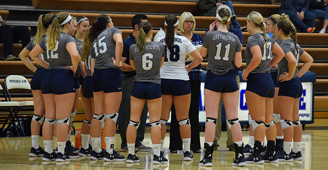 The Greyhounds huddle between sets in a match versus The University of Scranton.