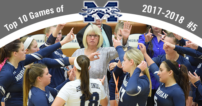 No. 5 on the Top 10 Exciting Games of 2017-18 is women's volleyball sweeping final day of regular season to clinch postseason berth and Head Coach Shelley Bauder's 500th career win.