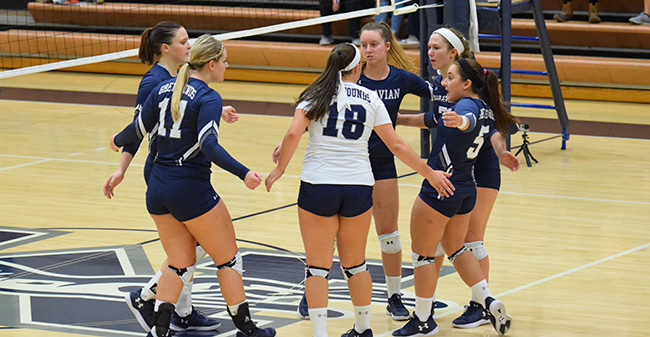 The Greyhounds celebrate a point versus Penn State Berks during the 2017 season.