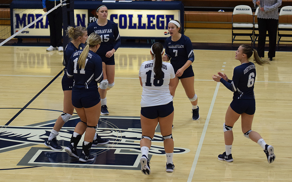 The Greyhounds celebrate a point versus Penn State-Berks in October 2017.
