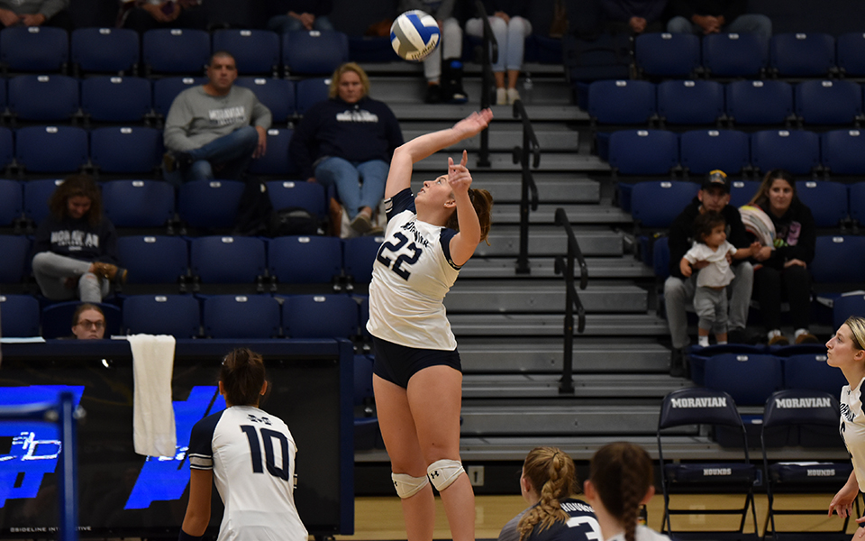 Junior outside hitter Jenna Deegan swings on an attack attempt during the third set versus Penn State-Harrisburg in Johnston Hall. Photo by Marissa Williams '26