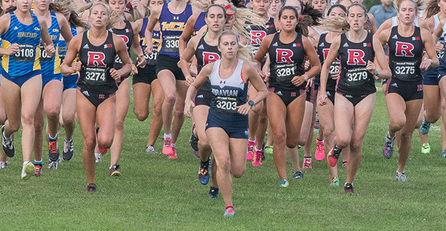Katie Mayer '20 leads the race at the start of the Lehigh University Invitational in September.