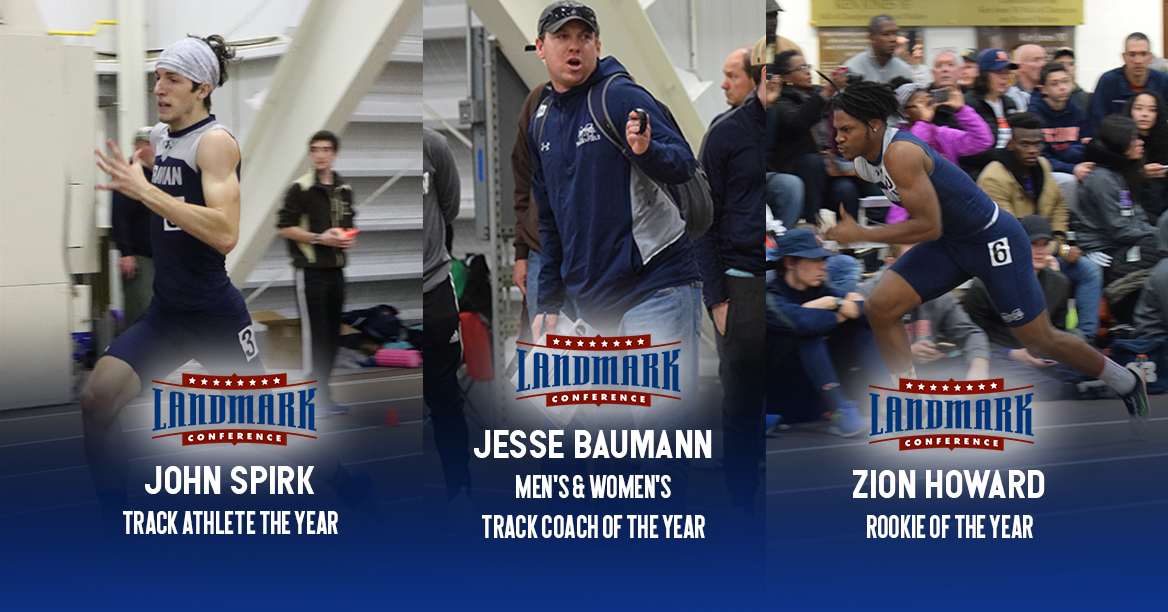 John Spirk '19, Zion Howard '21 and Head Coach Jesse Baumann receive major awards from Landmark Conference after 2018 Indoor Track & Field Championships.