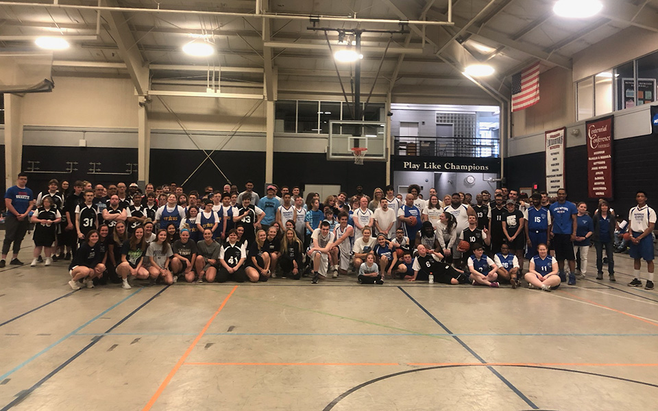 Moravian student-athletes and Special Olympic athletes at the 7th Annual SAAC Special Olympics Basketball Tournament in Timothy Breidegam Fieldhouse.