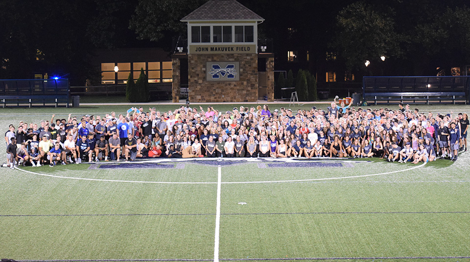 Moravian's 2018-19 student-athletes at the Student-Athlete Advisory Committee kickoff event on John Makuvek Field in August 2018.