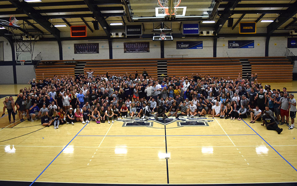 Moravian's student-athletes on the Johnston Hall Court during the 2019-20 SAAC Kickoff event in August 2019.