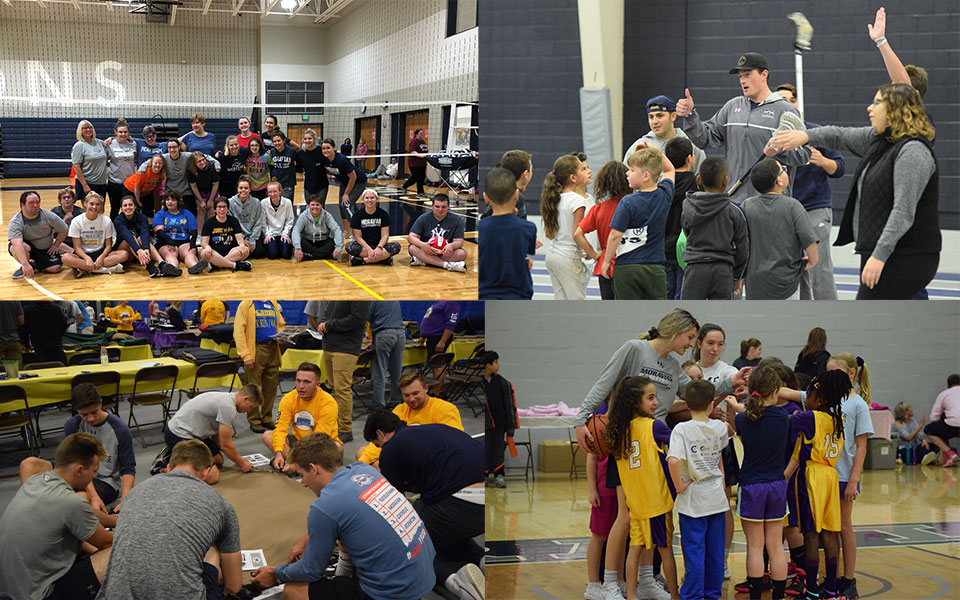 Clockwise from upper left - women's volleyball with Bethlehem Special Olympics, men's lacrosse at William Penn Elementary School field day, women's basketball at Play4Kay Pink Zone Clinic, baseball making blankets on Heritage Day.
