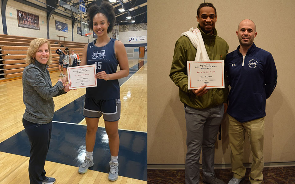 Seniors Nadine Ewald and C.J. Barnes with Head Coaches Mary Beth Spirk and Shawn Postiglione after receiving their 2020 Lehigh Valley Small College Basketball Organization Team of the Year certificates.