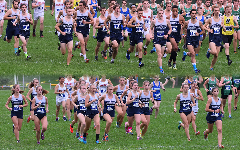 The men's and women's cross country teams come off of the start line during the Moravian/Cedar Crest Invitational at Bicentennial Park during the 2018 season.