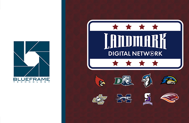 Landmark Conference digital network logo with conference school logos and Blue Fram Technology logo.