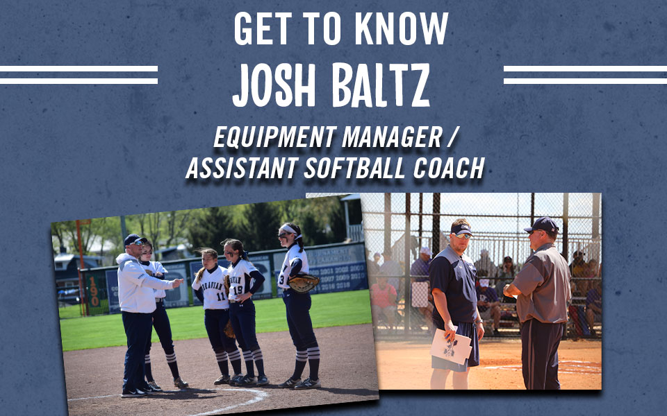 Get to Know Equipment Manager/Assistant Softball Coach Josh Baltz with pictures of Josh working with the softball team.