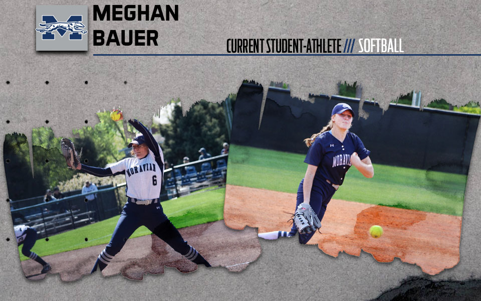 meghan bauer pictching for the moravian softball team.
