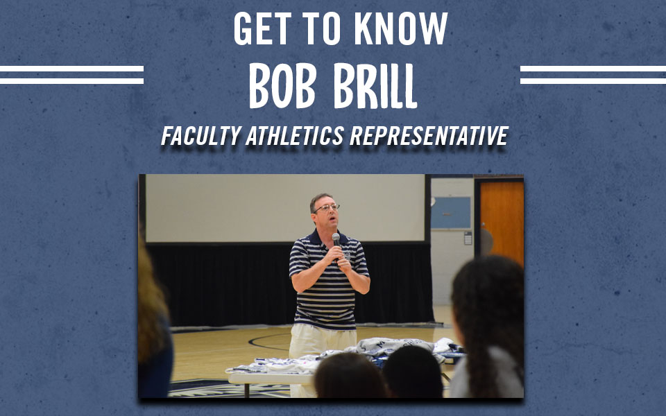 Faculty Athletics Representative Dr. Robert Brill addresses the Greyhounds at a previous Student-Athlete Advisory Committee Kickoff event.