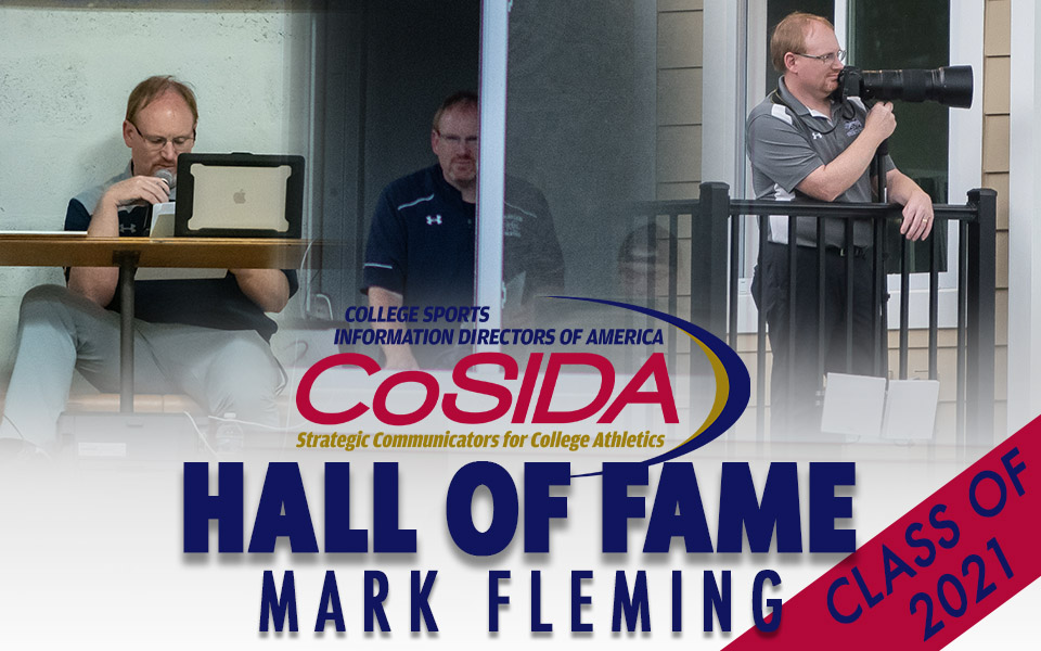mark fleming announcing, in the press box and taking photos at athletic events.