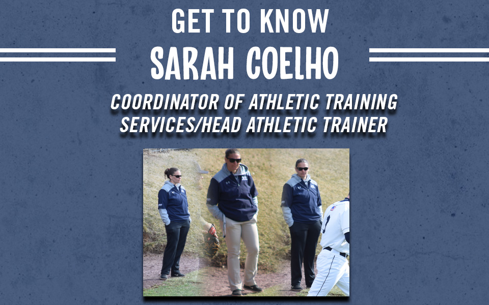 Get to Know Coordinator of Athletic Training Services/Head Athletic Trainer Sarah Coelho with pictures of Sarah at the baseball field