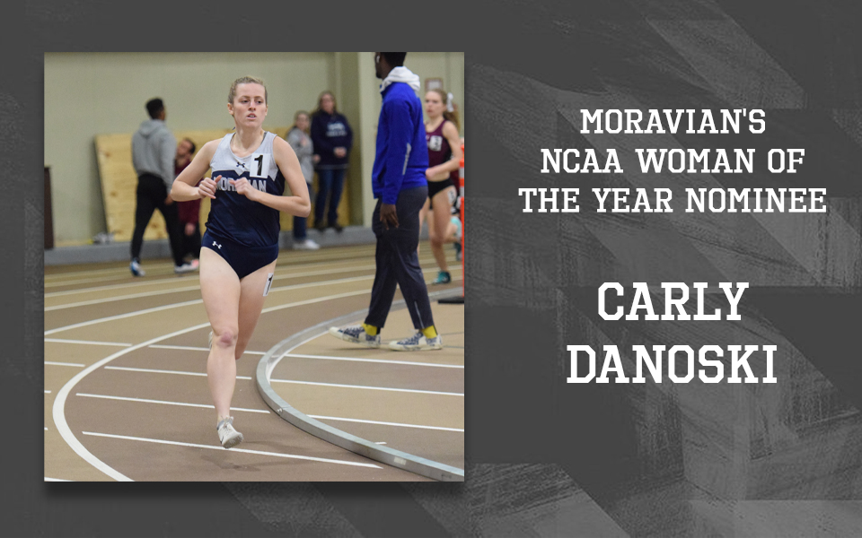 Carly Danoski running at Moravian Indoor Meet. Danoski was named Moravian's nominee for the NCAA Woman of the Year.
