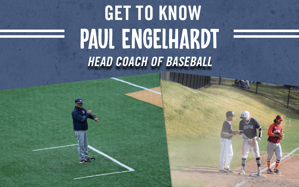 Get to Know Head Baseball Coach Paul Engelhardt with action pictures of coach in the third base coaching box.