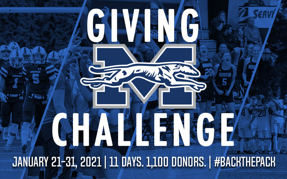moravian athletic logo with team pictures shaded blue to announce giving challenge in 2021