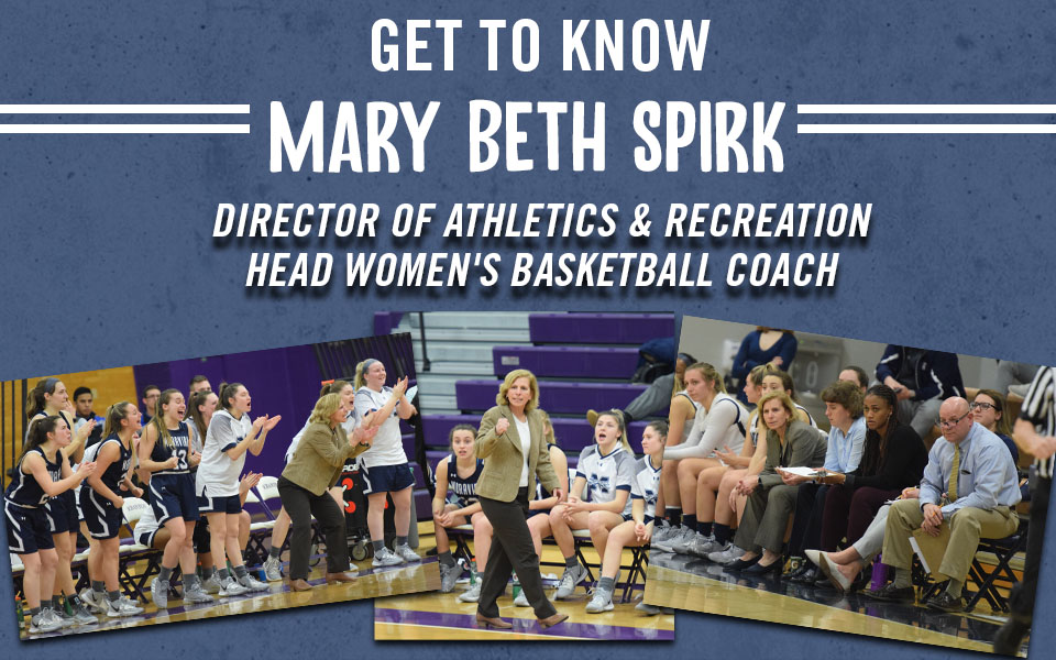Head Women's Basketball Coach and Director of Athletics Mary Beth Spirk coaching on the sidelines.