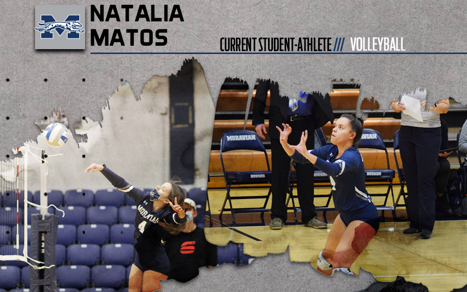 natalia matos on the volleyball court in johnston hall serving and getting set to receive a serve