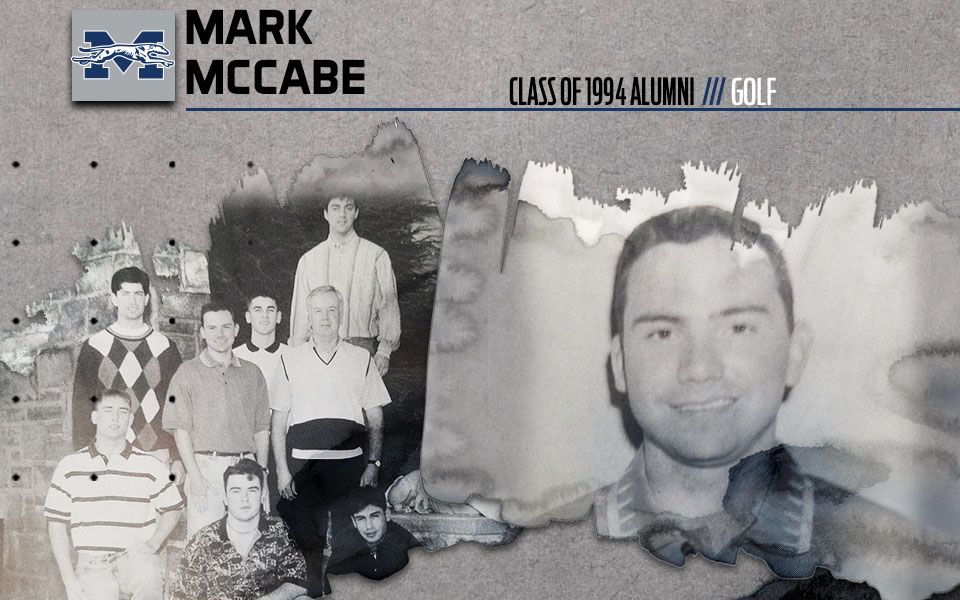 Mark mccabe head shot in 1994 and 1994 men's golf team photo.