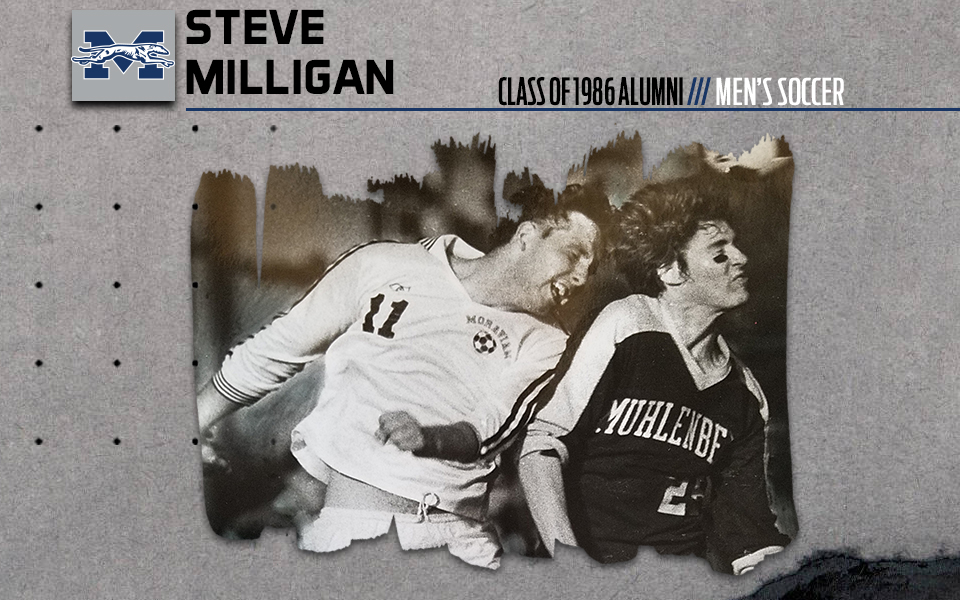 steve milligan heads a soccer ball against muhlenberg college.