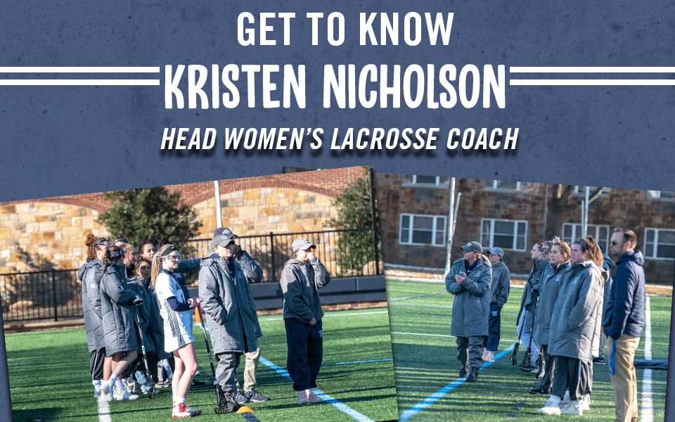 Head women's lacrosse coach Kristen Nicholson on the sidelines with her team.