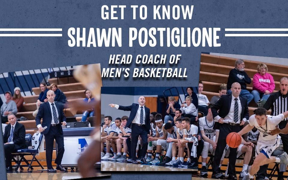 Head men's basketball coach Shawn Postiglione on the sidelines in Johnston Hall.