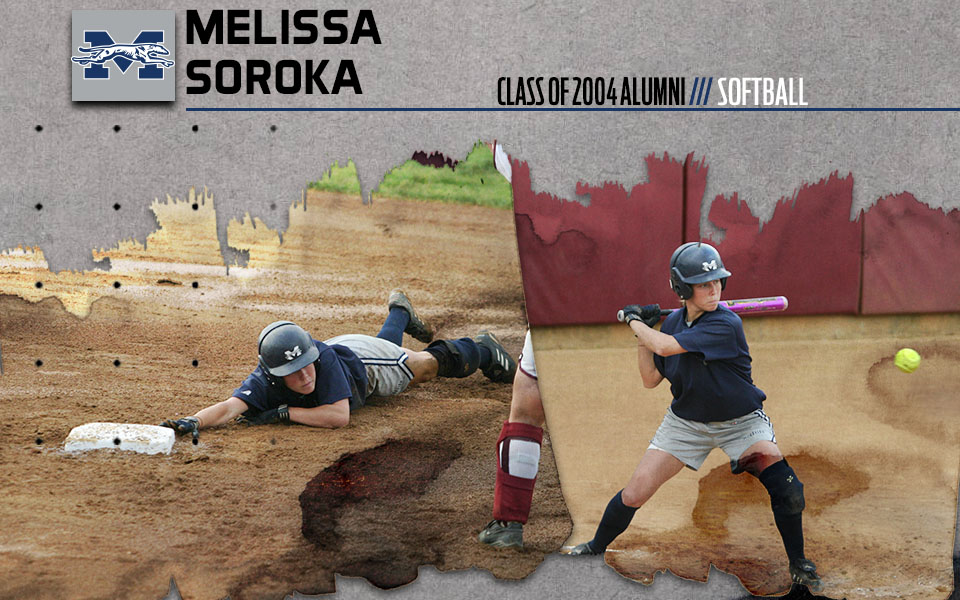 Softball action pictures of Melissa Soroka from the class of 2004 with her sliding into second base and batting at the NCAA Division 3 World Series.