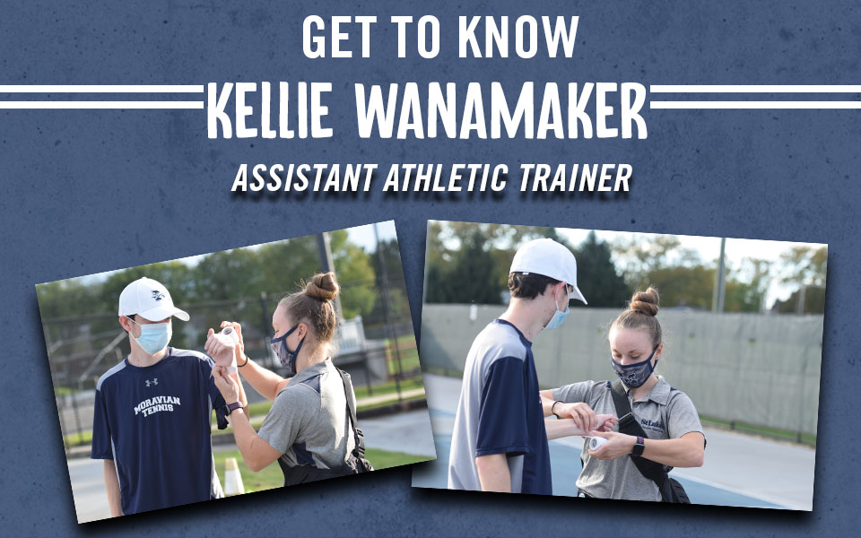 Assistant athletic trainer Kellie Wanamaker wrapping a tennis player's wrist.