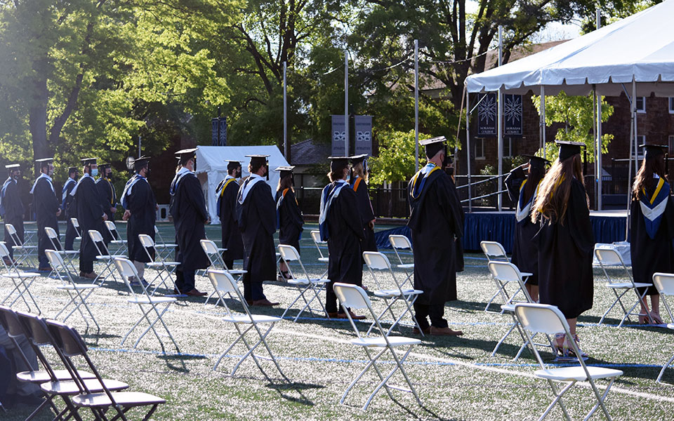 Moravian student-athletes at the special athletic commencement ceremony in May 2021 on John Makuvek Field.