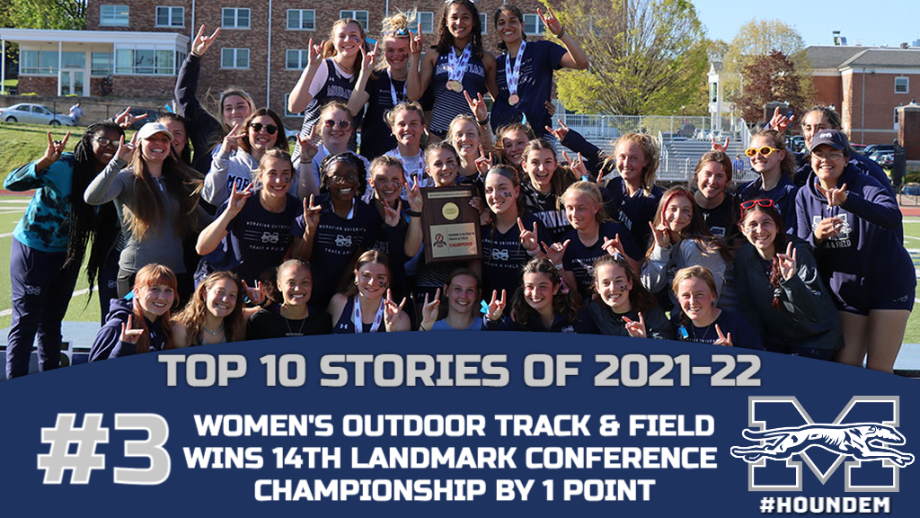 women's track & field team poses with conference title for top 10 story