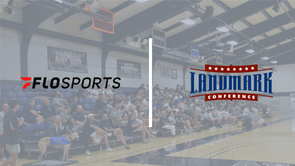 Crowd in Johnston Hall with FloSports and Landmark Conference logos