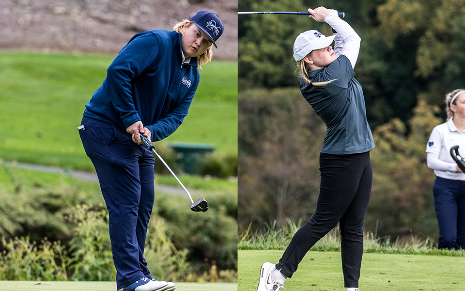 Sam Bingaman and Ella Oswald compete in the 2023 Muhlenberg College Fall Invitational at Lehigh Country Club. Photos by Cosmic Fox Media / Matthew Levine '11