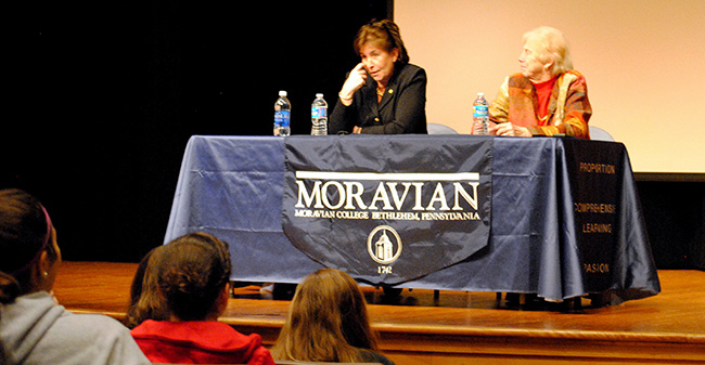 Dr. Margaret McMenamin and Dr. Christina W. Jackson answer questions at Moravian's Title IX Keynote Lecture on January 24, 2013.