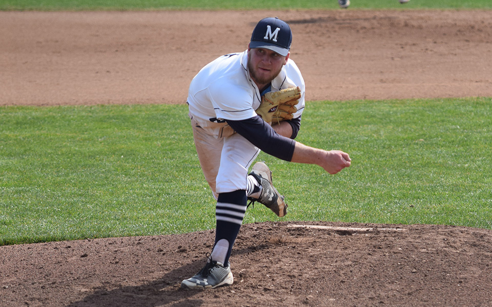 Evan Kulig delivers a pitch versus Drew University during the 2018 season at Gillespie Field.