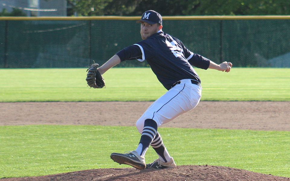 Senior Rhett Jacoby delivers a pitch during a non-conference game versus DeSales University at Gillespie Field.