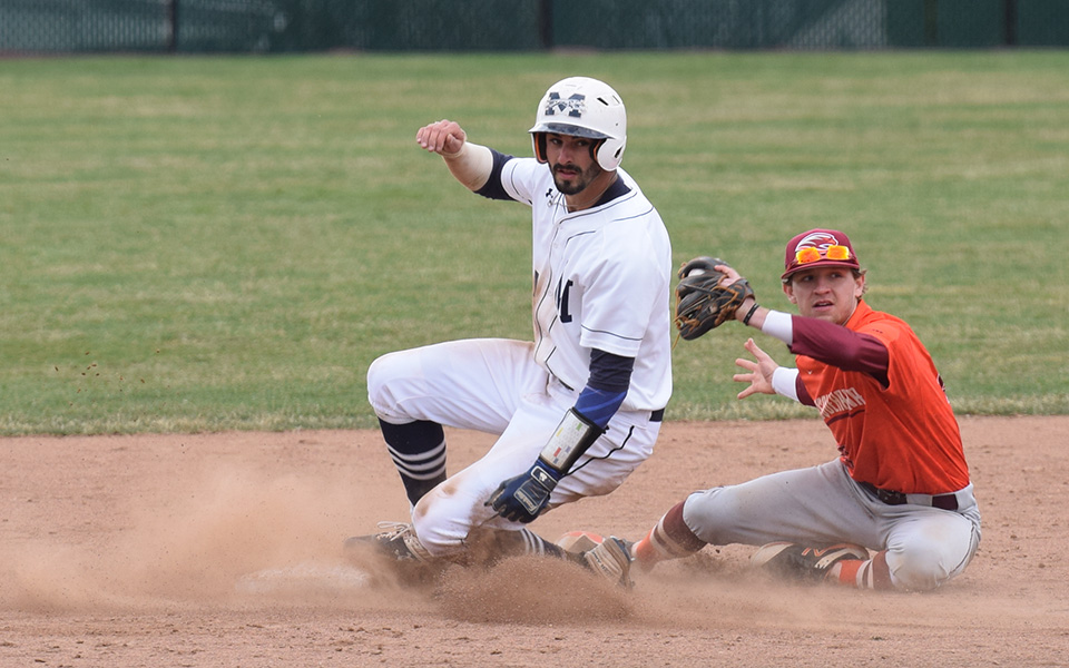 Senior Mike Mittl steals second base versus Susquehanna University at Gillespie Field.