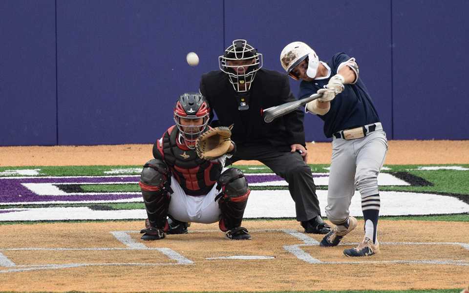 Senior Chase Rogers connects on a triple versus The Catholic University of America during the 2019 Landmark Conference Tournament at The University of Scranton.