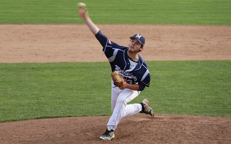 Junior Connor Morro delivers a pitch versus Vassar (N.Y.) College on Gillespie Field during the 2018 season.