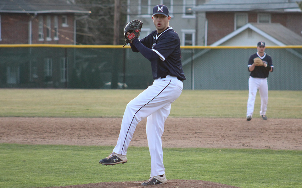 Senior Tyler Caraway delivers a pitch in relief versus Montclair State University at Gillespie Field.