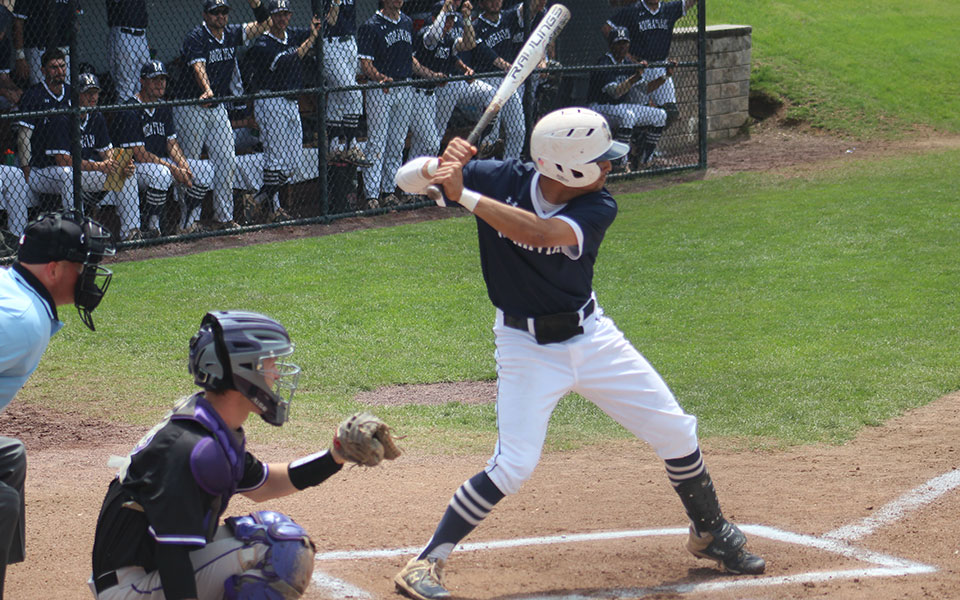 Senior Carmine Palummo waits for a pitch during a game versus The University of Scranton at Gillespie Field during the 2019 season.