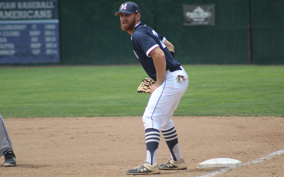 Junior Thomas Philipps holds a runner on first base during a game versus The University of Scranton during the 2019 season at Gillespie Field.