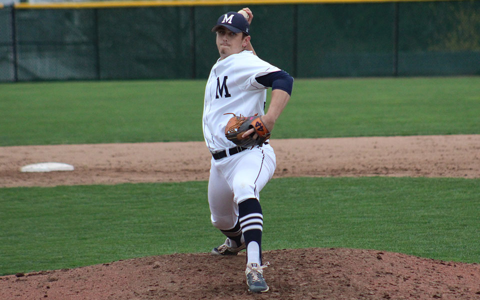 Junior Kevin Brandt delivers a pitch to the plate in a game versus Alvernia University at Gillespie Field during the 2019 season.