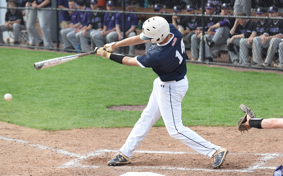 Senior Ian Csencsits connects on a pitch in a game versus The University of Scranton at Gillespie Field during the 2019 season.