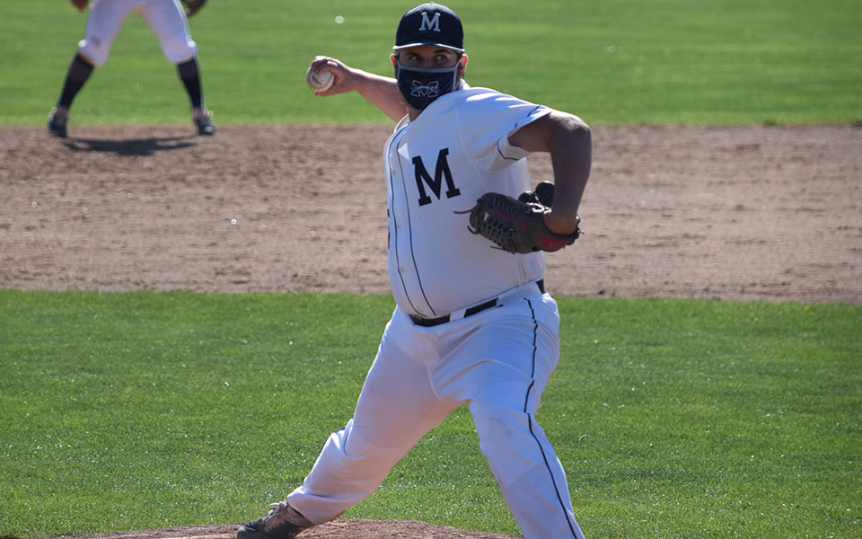 Kyle Serman '21 delivers a pitch in the seventh inning versus Elizabethtown College at Gillespie Field on his way to his fourth save of the season on May 1, 2021.
