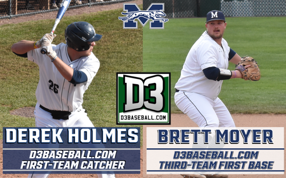 Derek Holmes batting and Brett Moyer in the field for d3baseball.com all-region honors