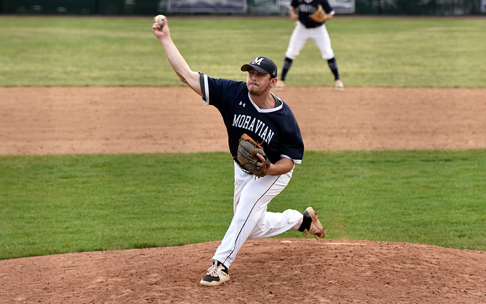 Senior Kevin Brandt delvers a pitch to home plate in relief during a Landmark Conference game versus Juniata College on Gillespie Field.