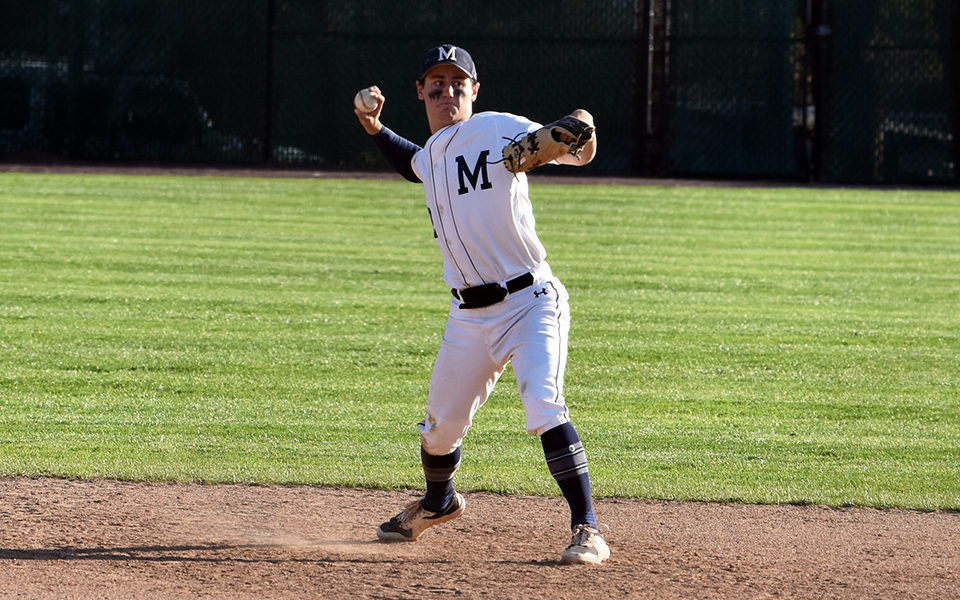 Junior shortstop Mason Fisher makes a throw to first base versus Drew University at Gillespie Field.